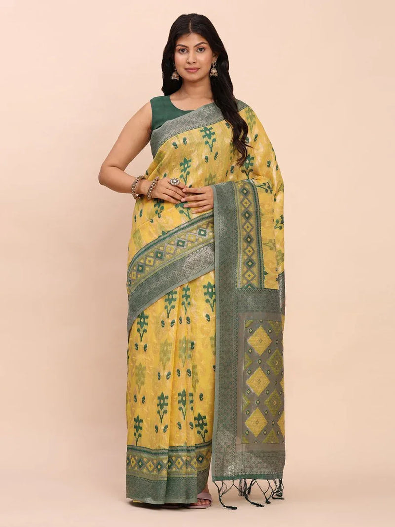 Yellow Linen Cotton Saree With Blouse Piece - EZBER