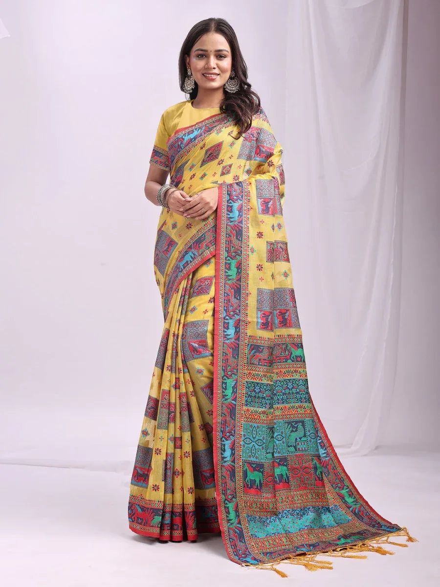 Yellow Linen Cotton Saree With Blouse Piece - EZBER