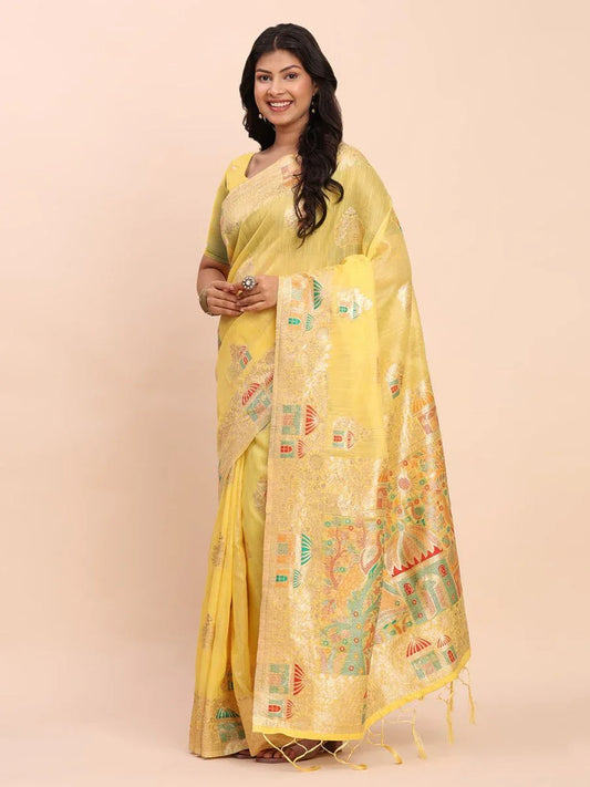 Yellow LINEN COTTON Saree With Blouse Piece - EZBER