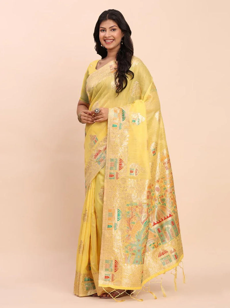 Yellow LINEN COTTON Saree With Blouse Piece - EZBER