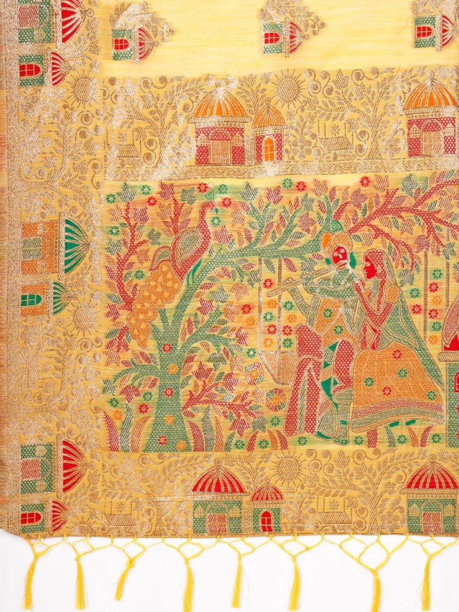 Yellow Linen Cotton Saree With Blouse Piece - EZBER