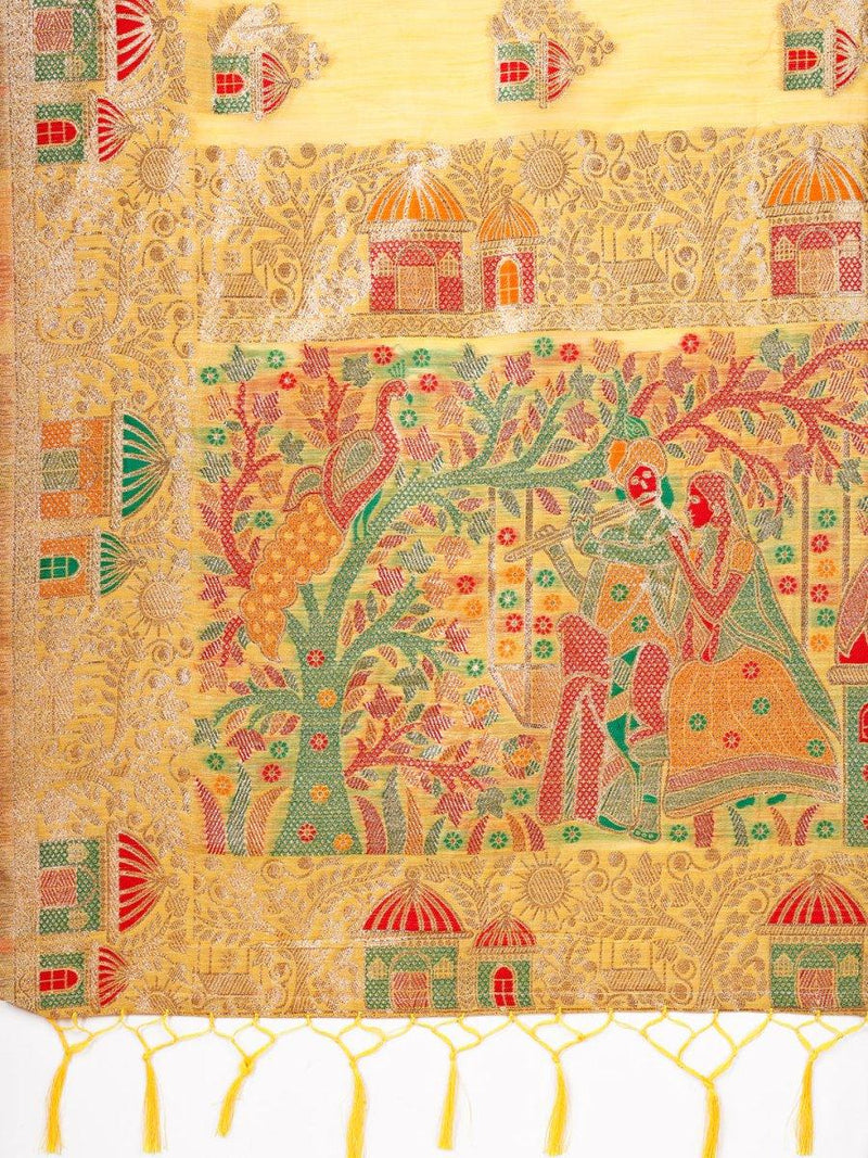 Yellow Linen Cotton Saree With Blouse Piece - EZBER