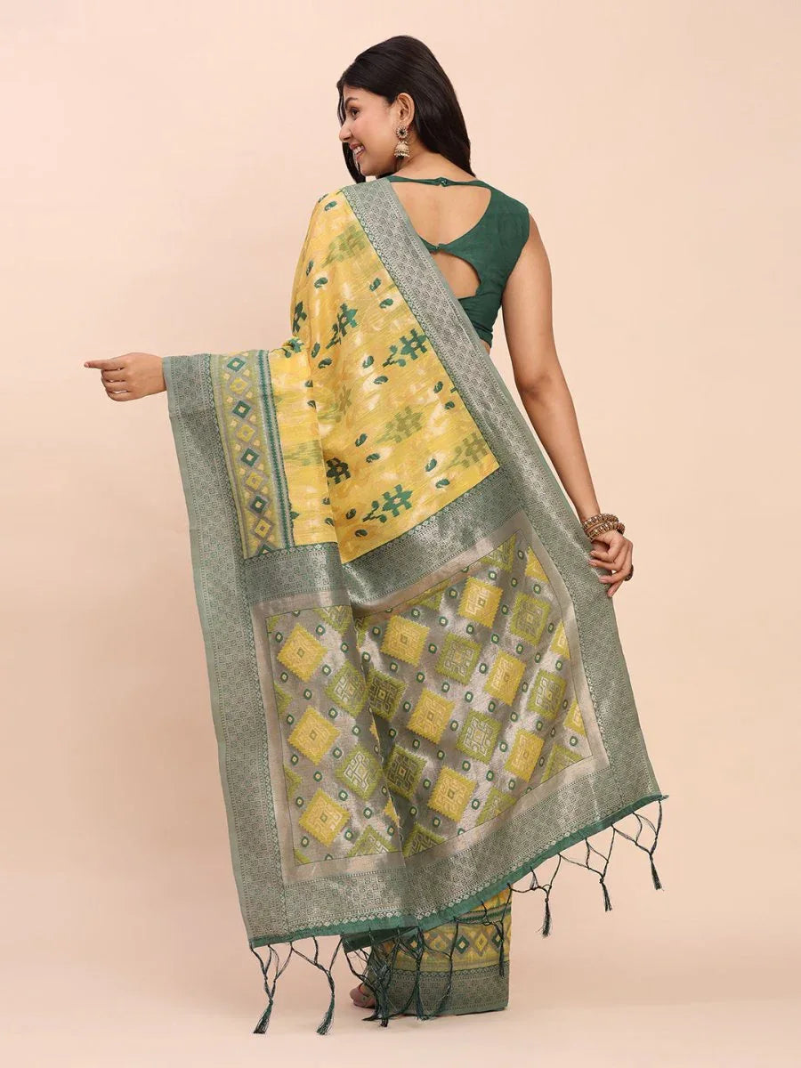 Yellow Linen Cotton Saree With Blouse Piece - EZBER