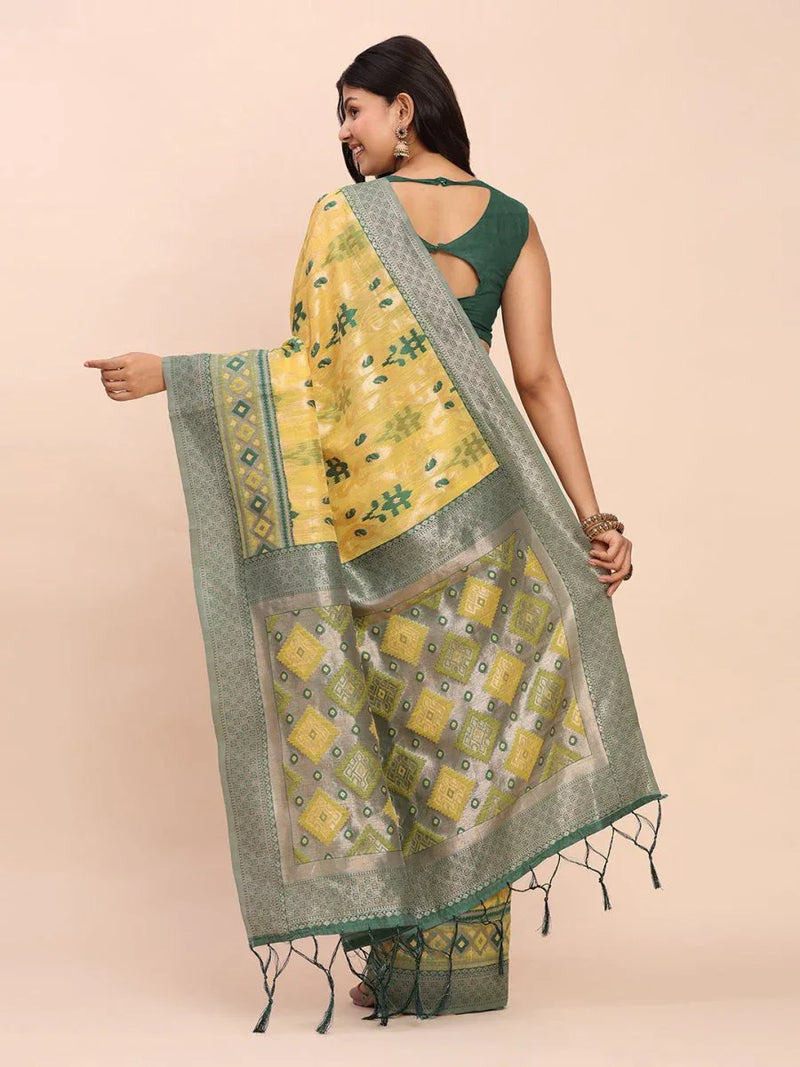 Yellow Linen Cotton Saree With Blouse Piece - EZBER
