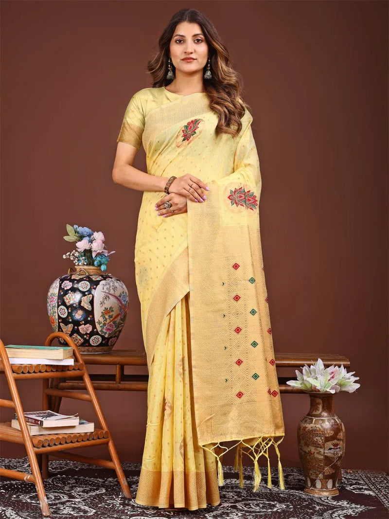Yellow Linen Cotton Saree With Blouse Piece - EZBER