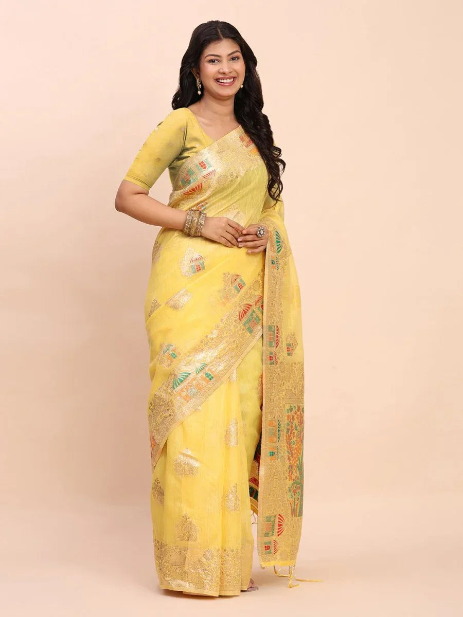 Yellow LINEN COTTON Saree With Blouse Piece - EZBER