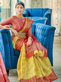 Yellow Linen Cotton Saree With Blouse Piece - EZBER