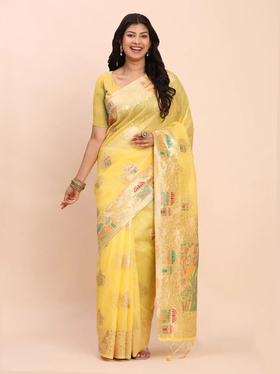 Yellow LINEN COTTON Saree With Blouse Piece - EZBER