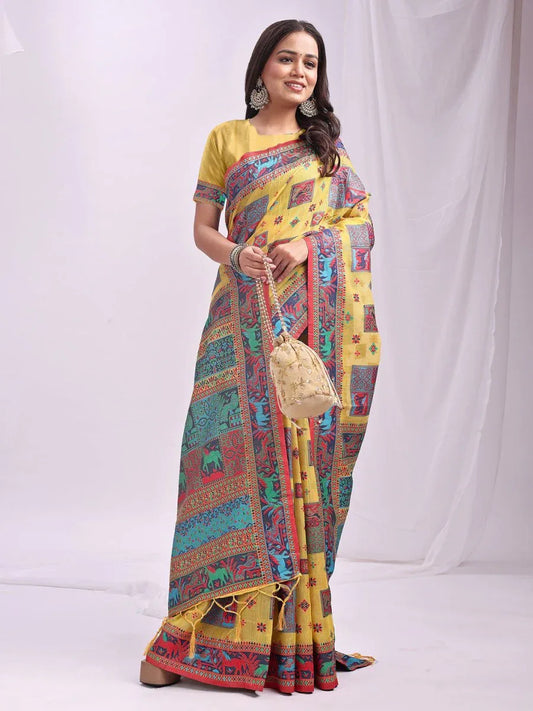 Yellow Linen Cotton Saree With Blouse Piece - EZBER