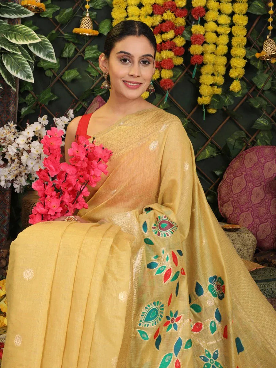 Yellow Linen Cotton Saree With Blouse Piece - EZBER