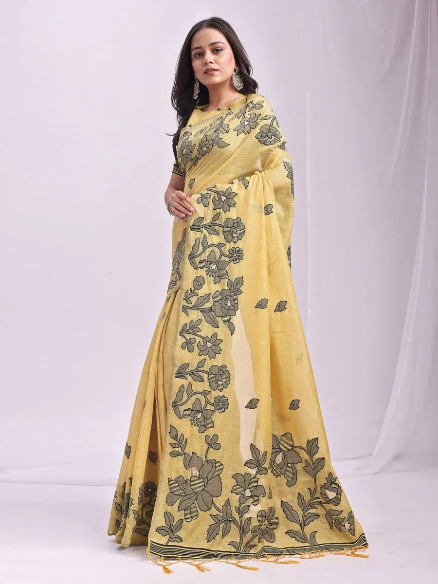 Yellow Linen Cotton Saree With Blouse Piece - EZBER