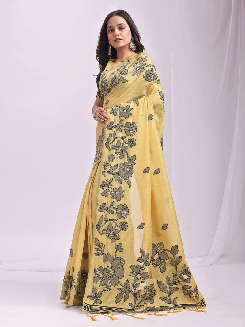 Yellow Linen Cotton Saree With Blouse Piece - EZBER