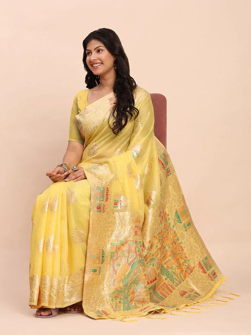 Yellow LINEN COTTON Saree With Blouse Piece - EZBER