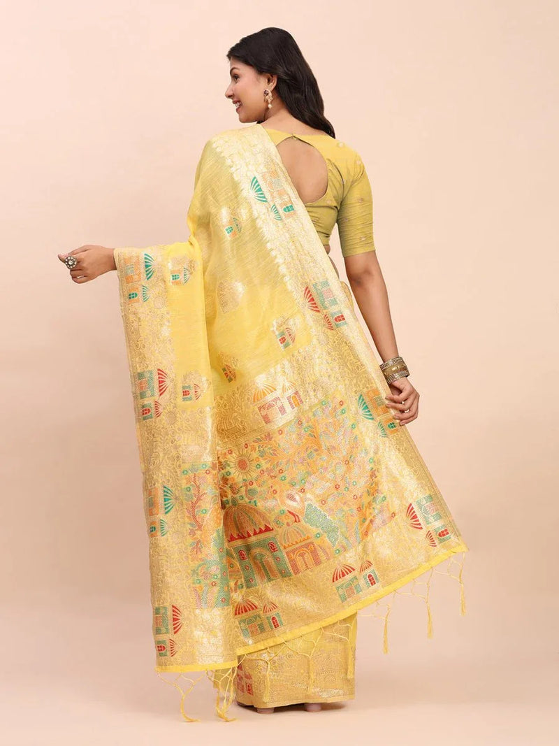 Yellow LINEN COTTON Saree With Blouse Piece - EZBER