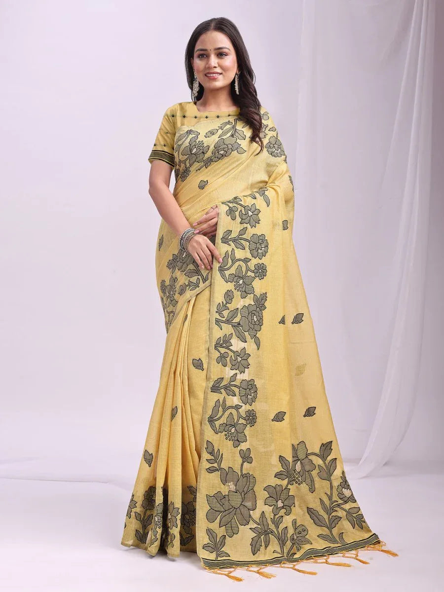 Yellow Linen Cotton Saree With Blouse Piece - EZBER