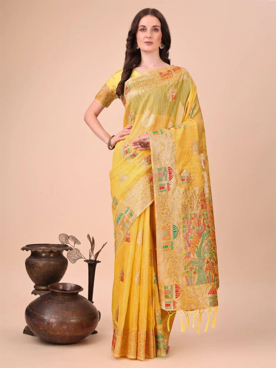 Yellow Linen Cotton Saree With Blouse Piece - EZBER