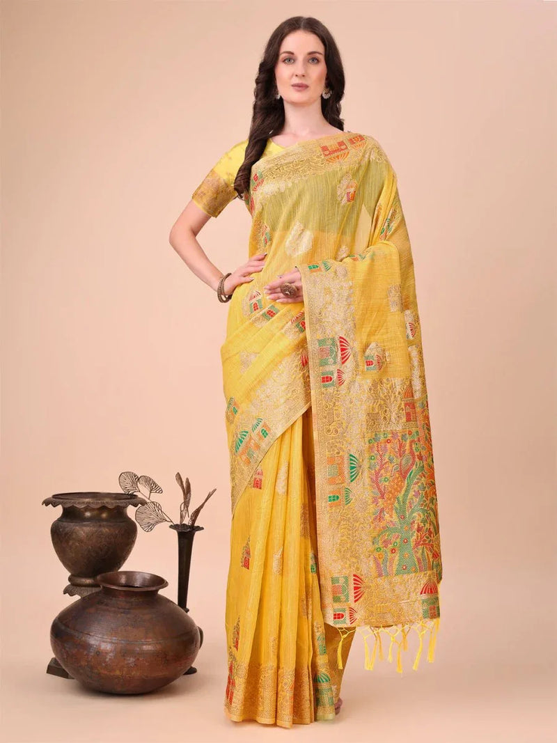 Yellow Linen Cotton Saree With Blouse Piece - EZBER