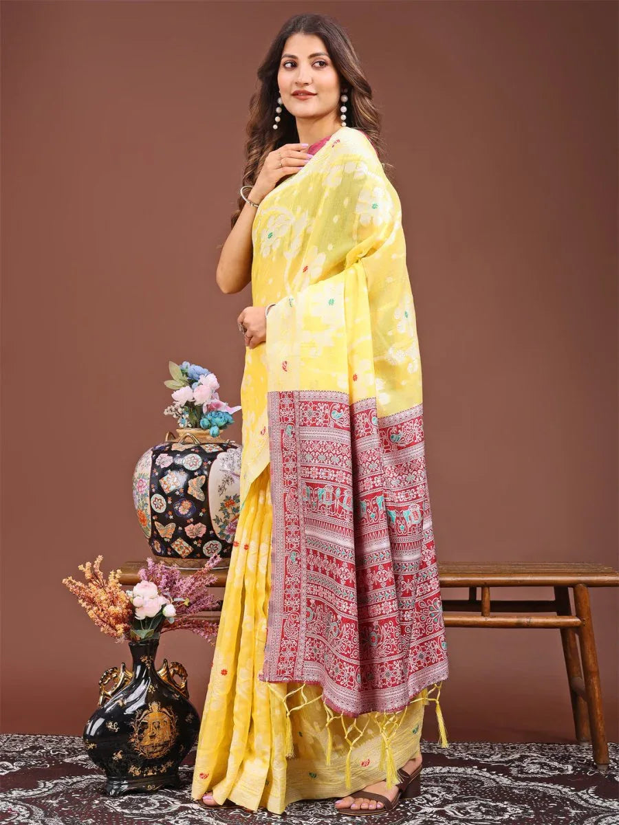 Yellow Linen Cotton Saree With Blouse Piece - EZBER