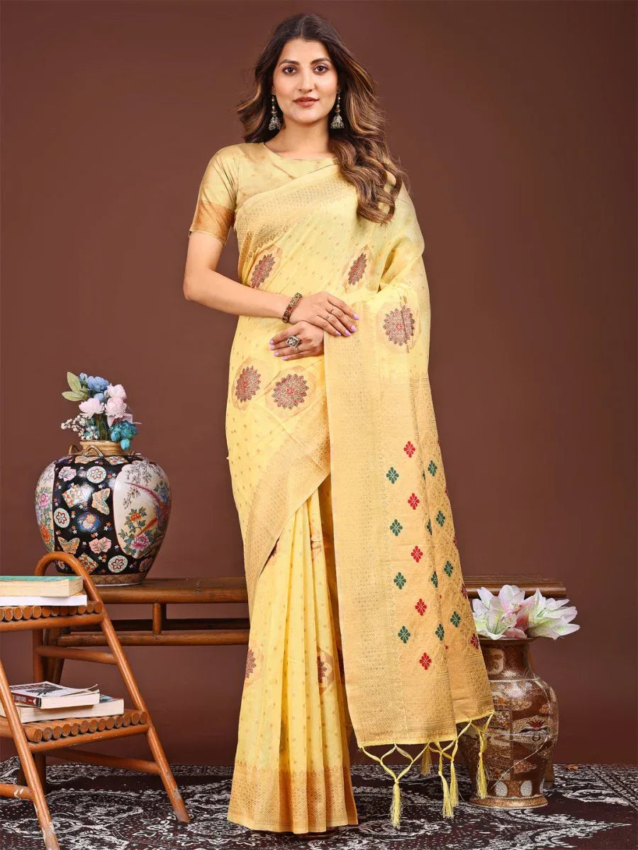 Yellow Linen Cotton Saree With Blouse Piece - EZBER
