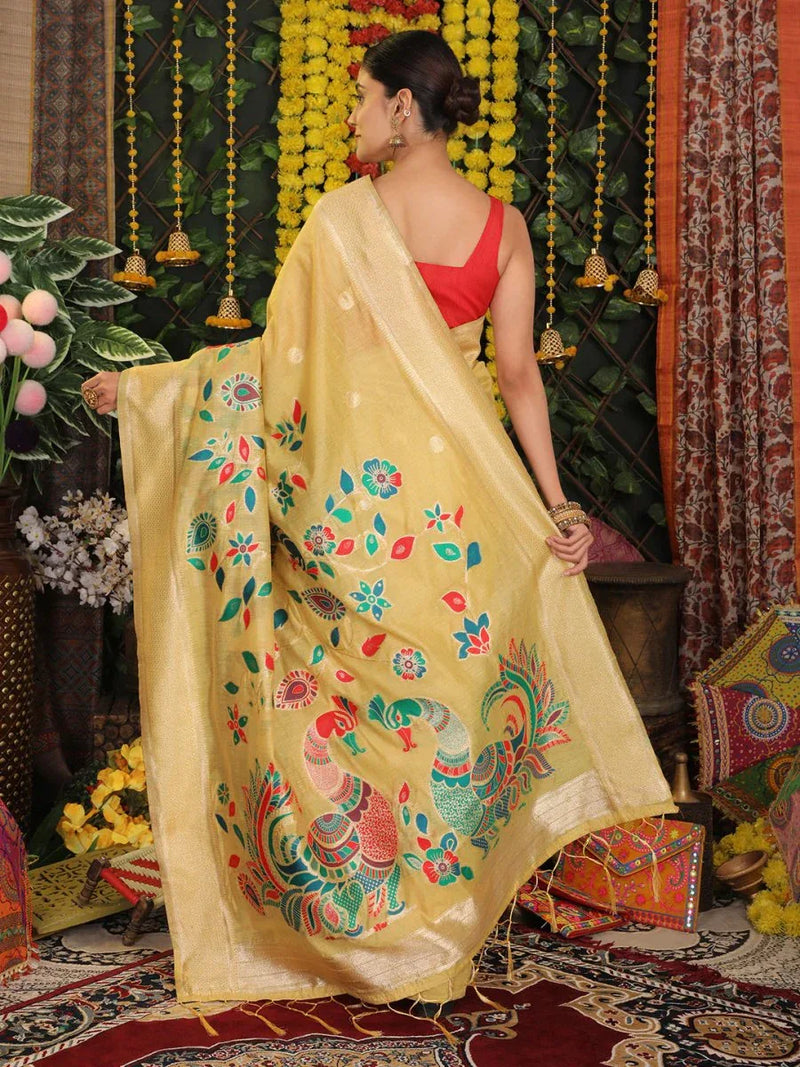 Yellow Linen Cotton Saree With Blouse Piece - EZBER