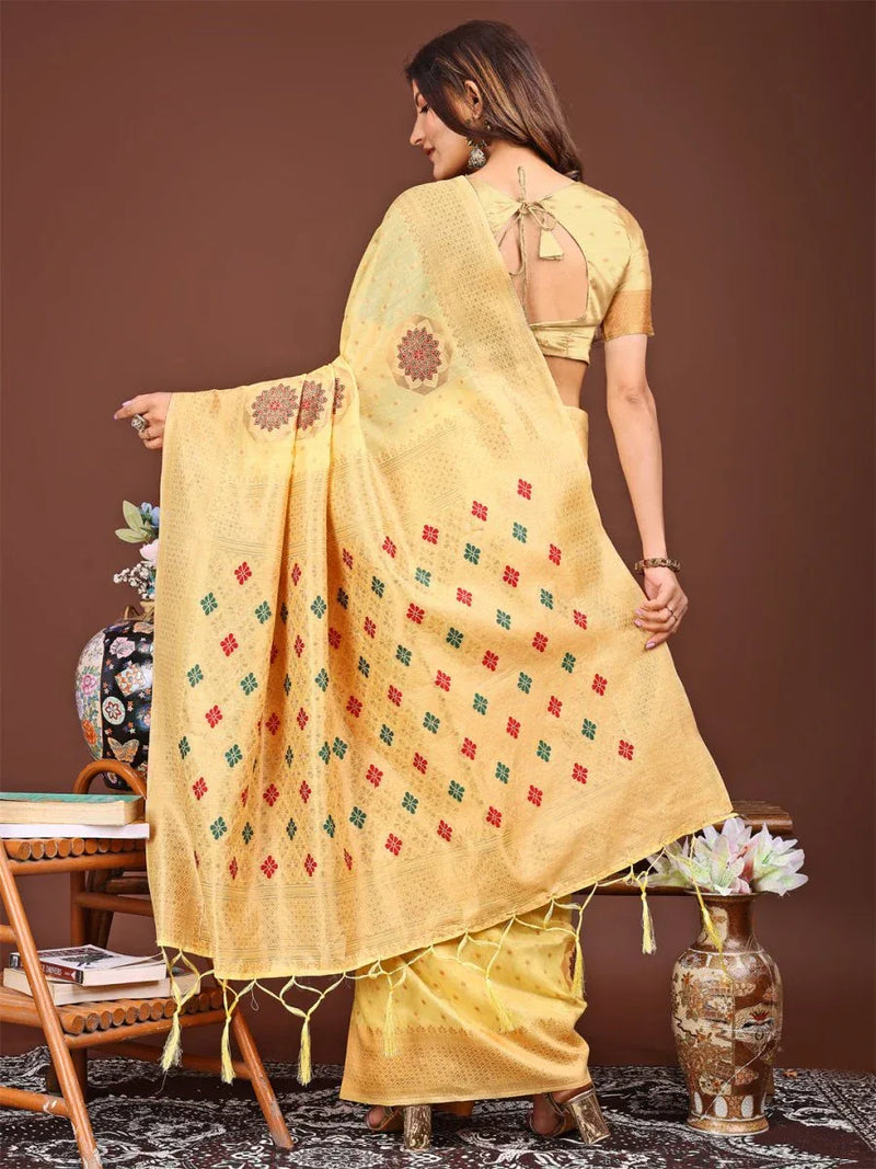 Yellow Linen Cotton Saree With Blouse Piece - EZBER