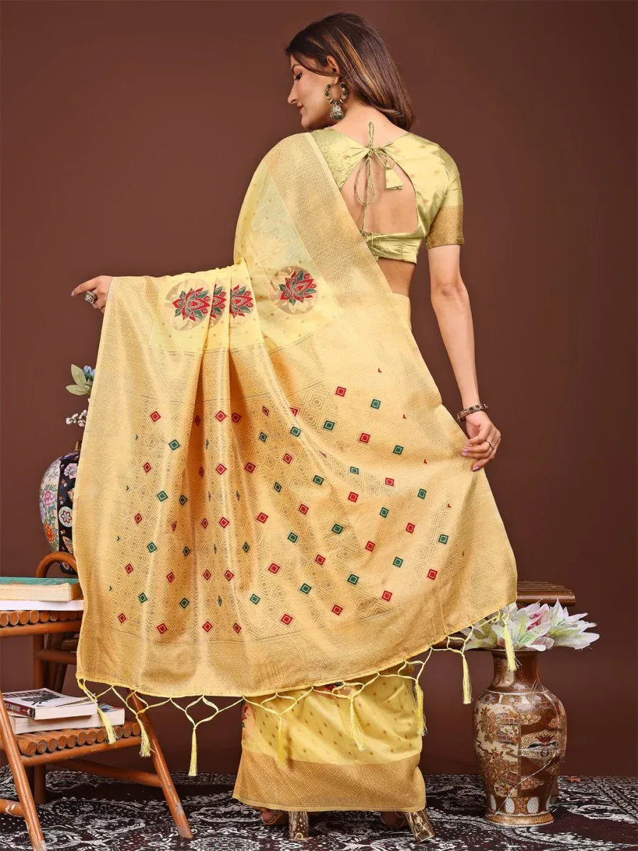 Yellow Linen Cotton Saree With Blouse Piece - EZBER
