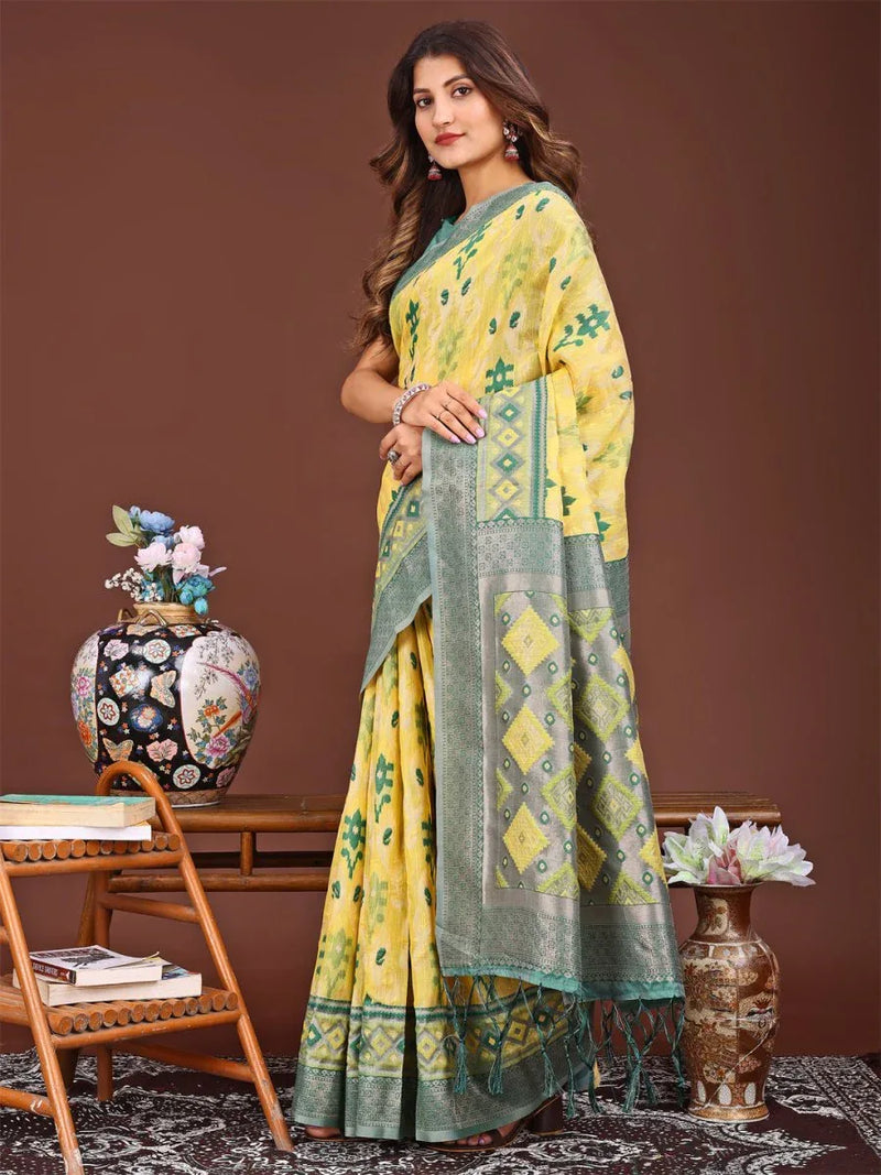 Yellow Linen Cotton Saree With Blouse Piece - EZBER