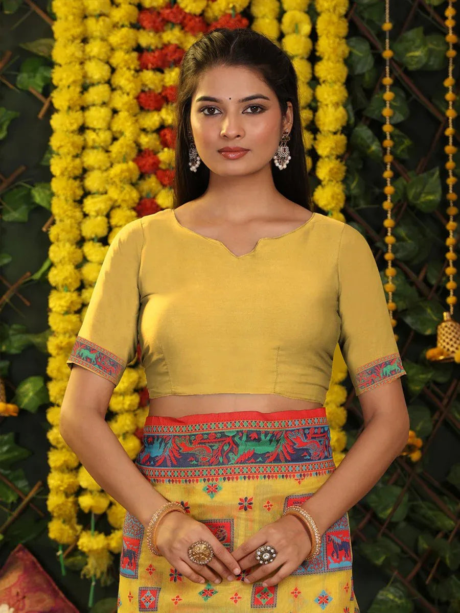 Yellow Linen Cotton Saree With Blouse Piece - EZBER