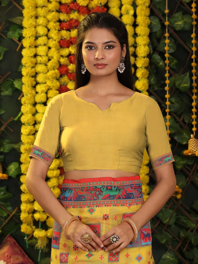 Yellow Linen Cotton Saree With Blouse Piece - EZBER
