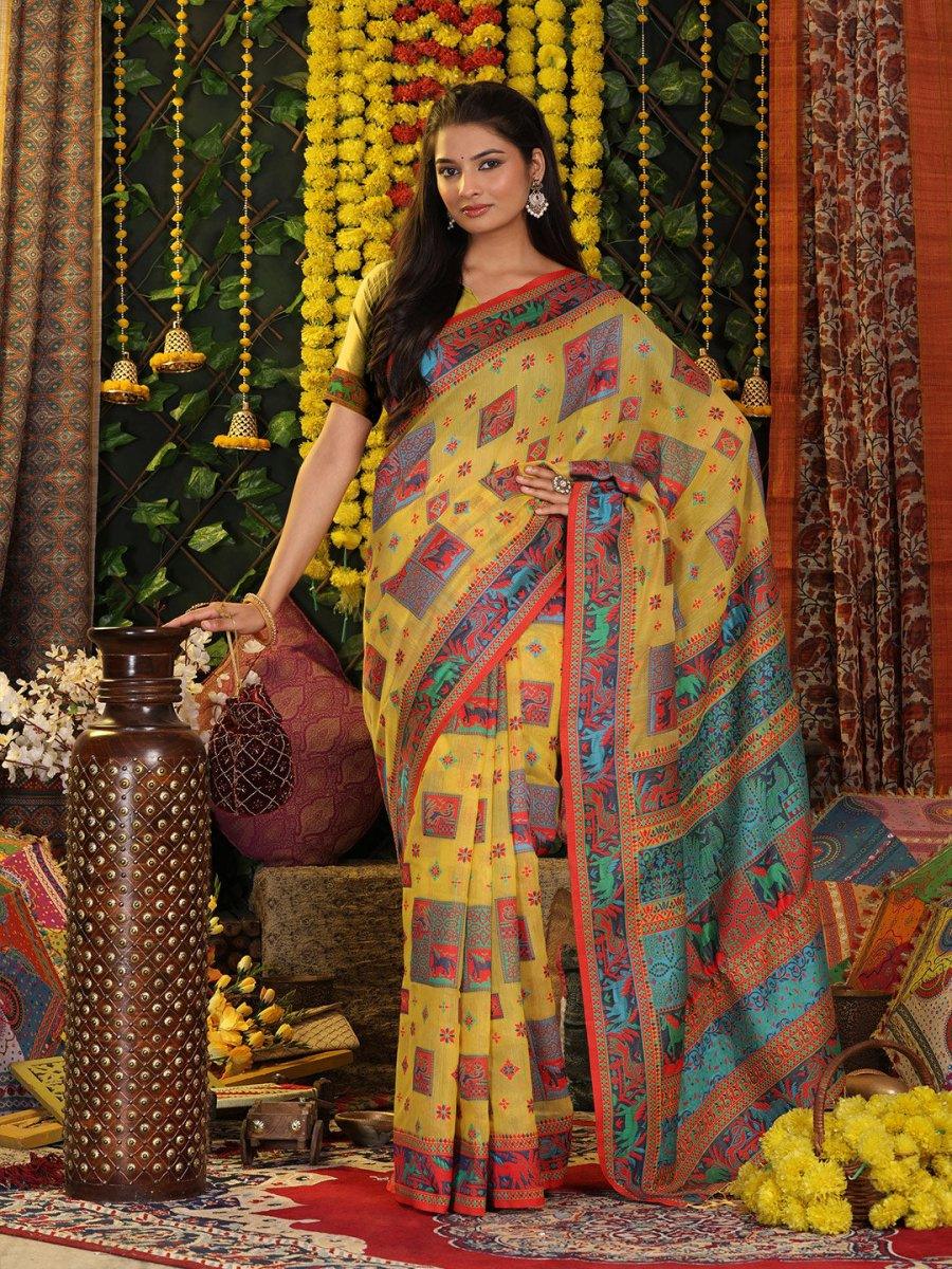 Yellow Linen Cotton Saree With Blouse Piece - EZBER