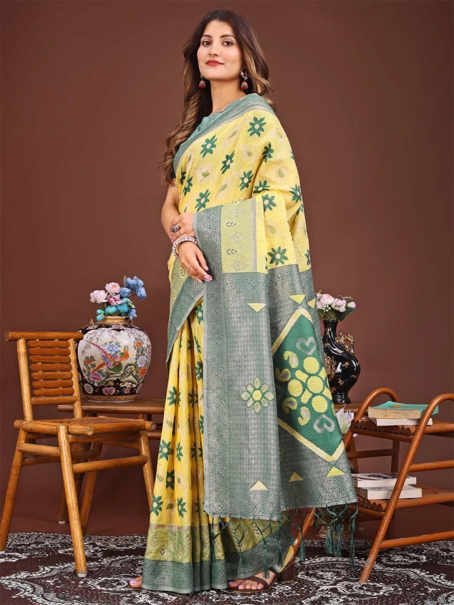 Yellow Linen Cotton Saree With Blouse Piece - EZBER