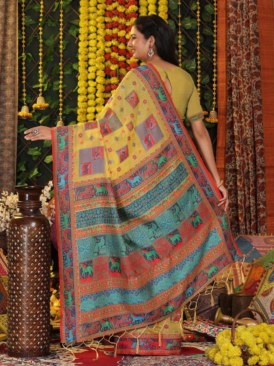 Yellow Linen Cotton Saree With Blouse Piece - EZBER