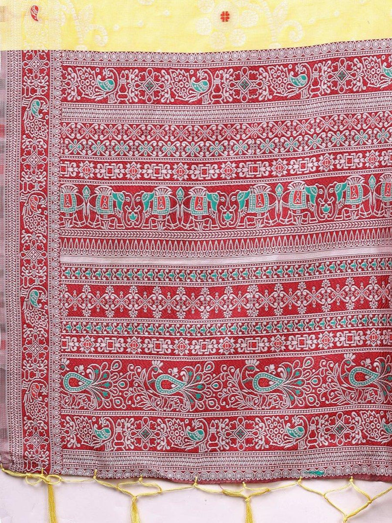 Yellow Linen Cotton Saree With Blouse Piece - EZBER