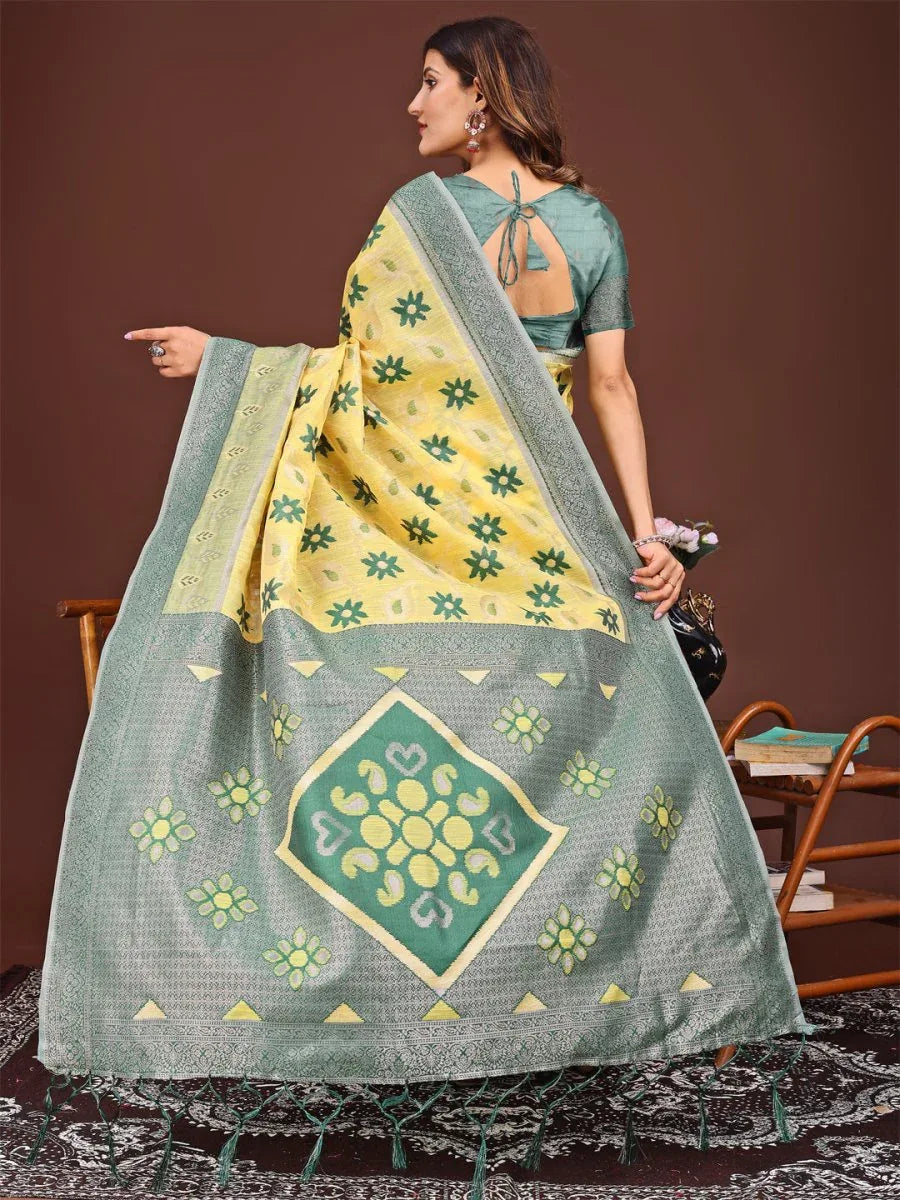 Yellow Linen Cotton Saree With Blouse Piece - EZBER