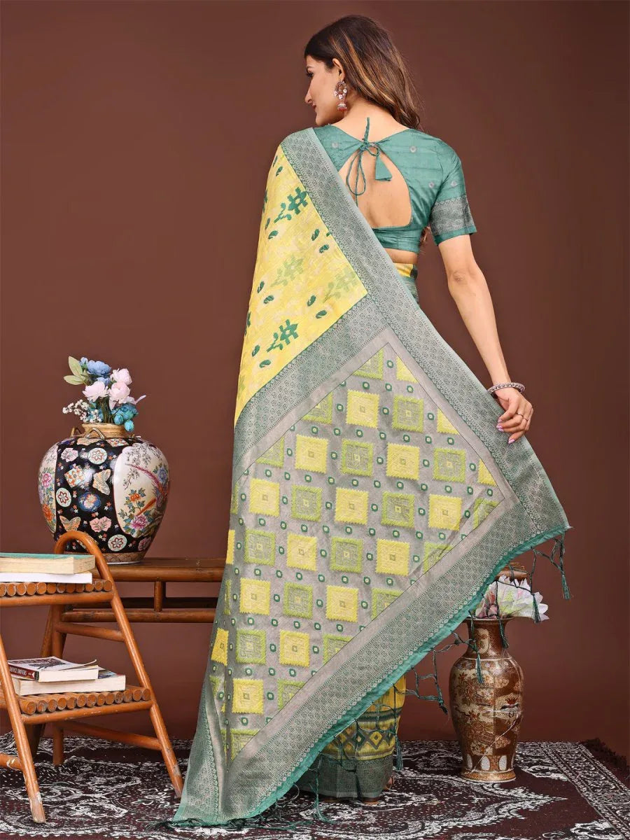 Yellow Linen Cotton Saree With Blouse Piece - EZBER