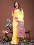 Yellow Linen Cotton Saree With Blouse Piece - EZBER