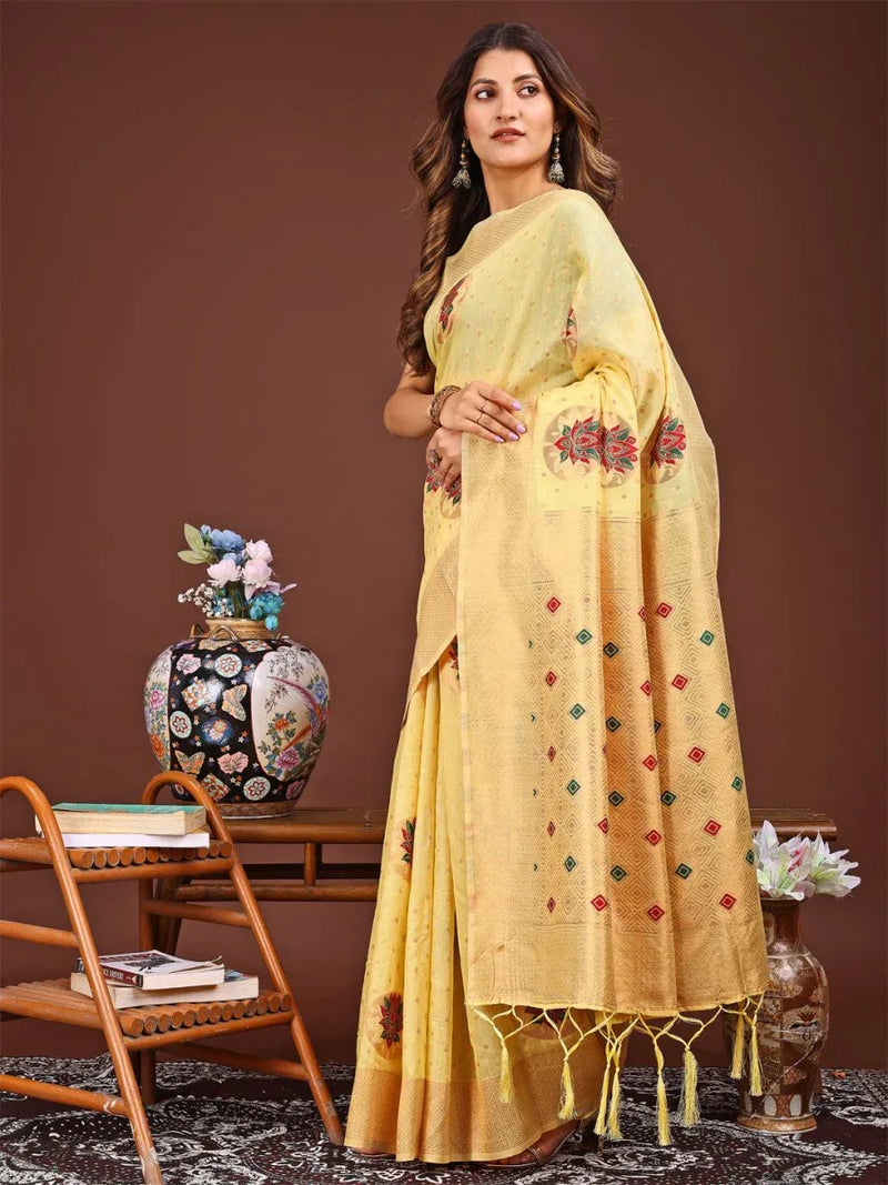 Yellow Linen Cotton Saree With Blouse Piece - EZBER
