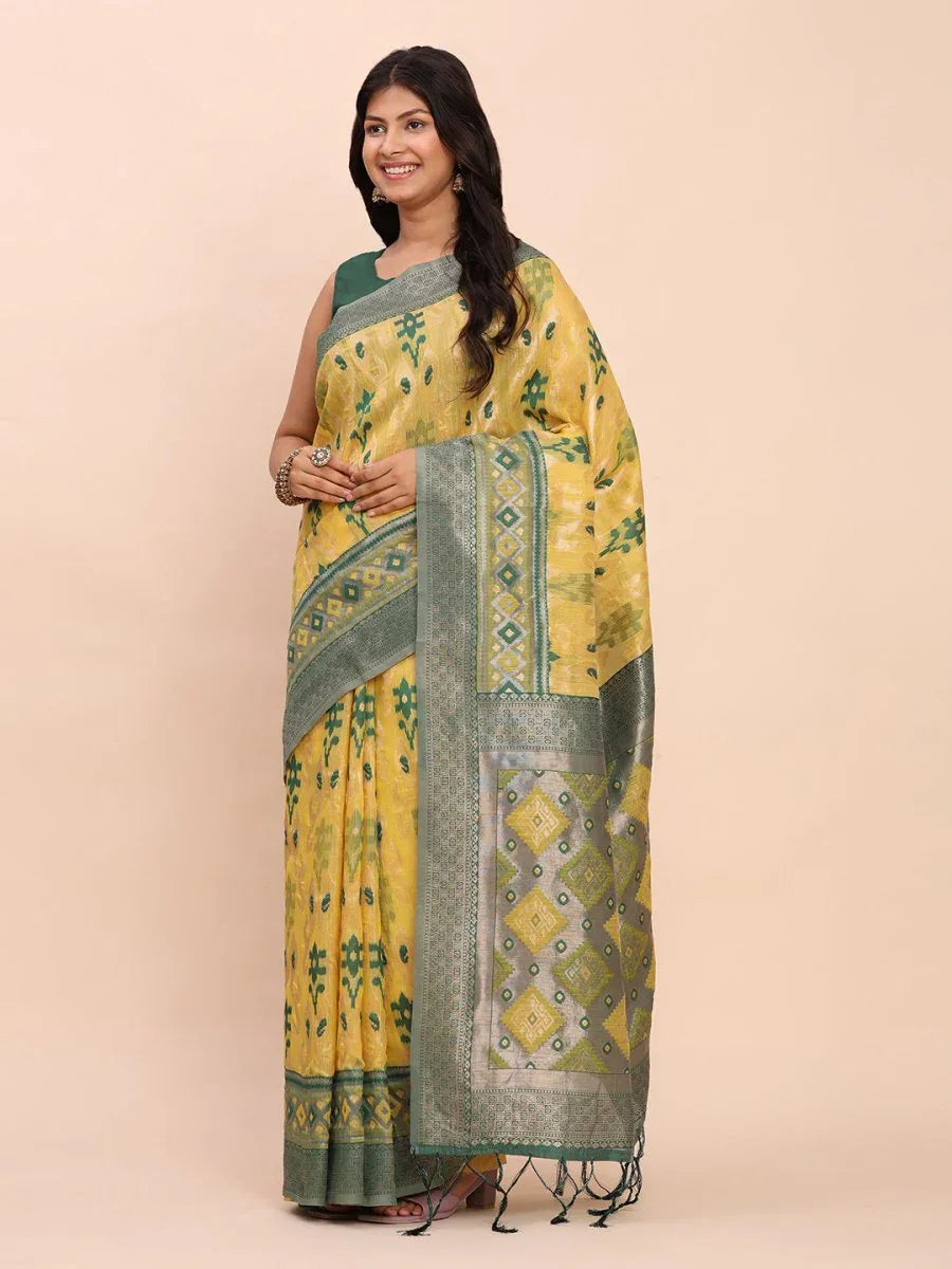 Yellow Linen Cotton Saree With Blouse Piece - EZBER