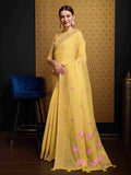 Yellow Linen Festive Wear Saree With Blouse Piece - EZBER