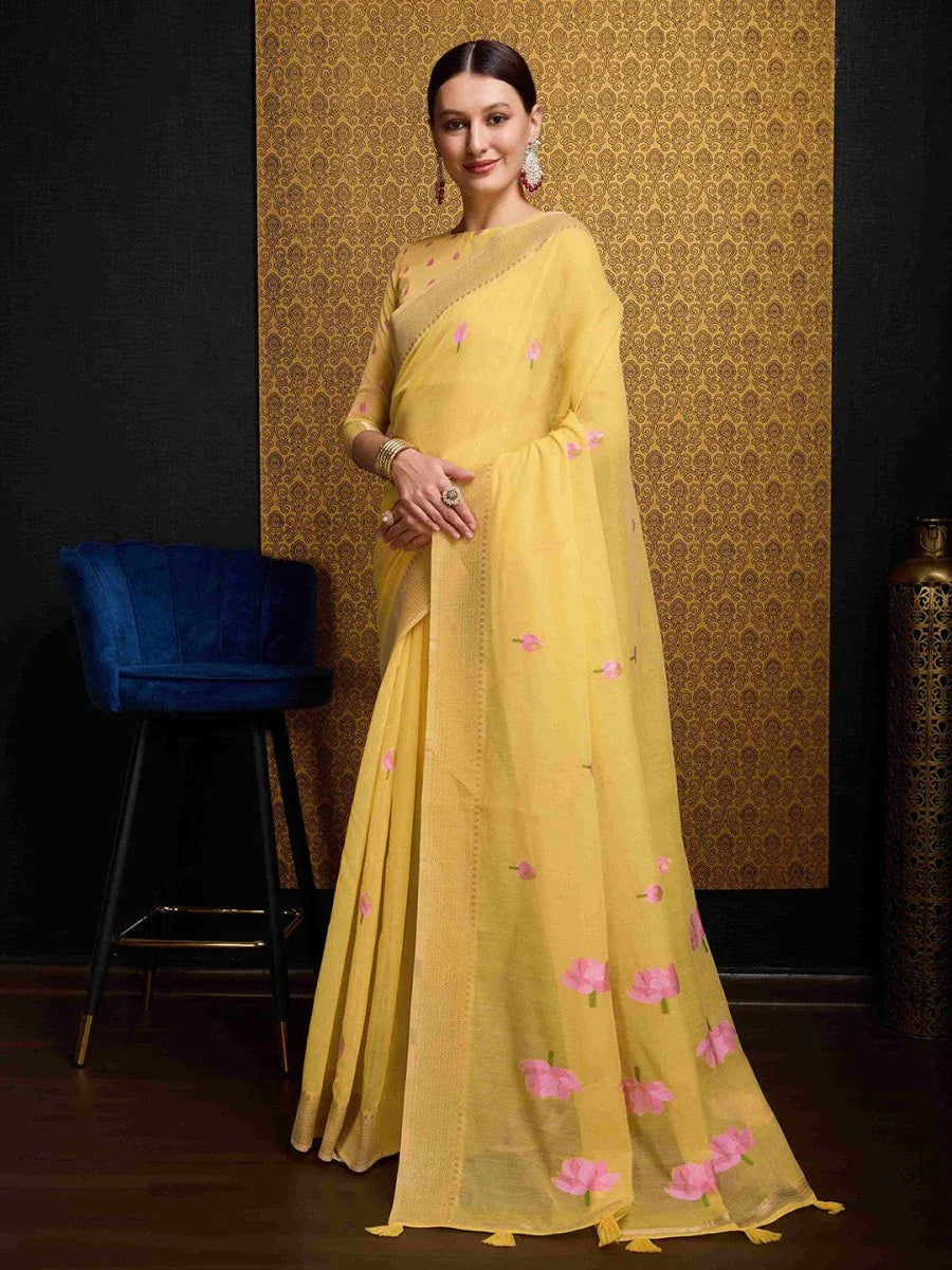 Yellow Linen Festive Wear Saree With Blouse Piece - EZBER