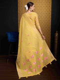 Yellow Linen Festive Wear Saree With Blouse Piece - EZBER
