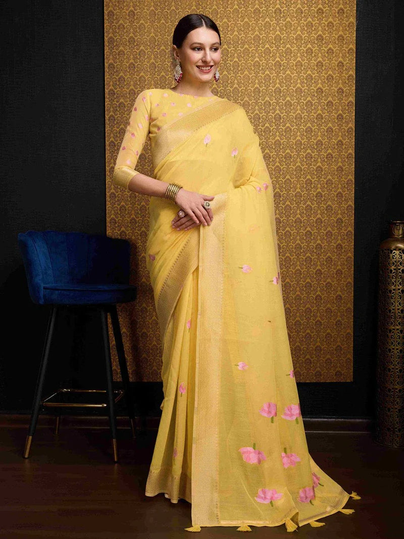 Yellow Linen Festive Wear Saree With Blouse Piece - EZBER