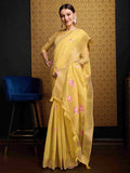 Yellow Linen Festive Wear Saree With Blouse Piece - EZBER