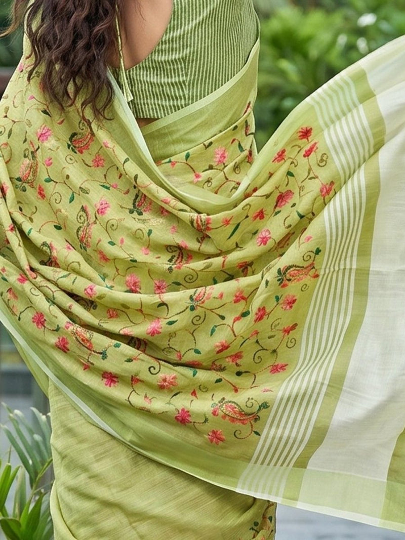 Yellow Linen Stripe N Floral Saree | EZB SI04 SRKSS1003 - EZBER