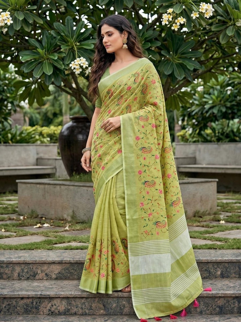 Yellow Linen Stripe N Floral Saree | EZB SI04 SRKSS1003 - EZBER