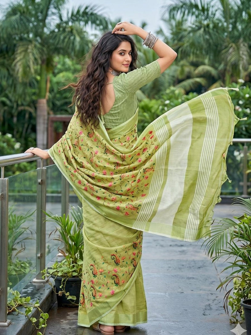 Yellow Linen Stripe N Floral Saree | EZB SI04 SRKSS1003 - EZBER