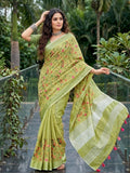Yellow Linen Stripe N Floral Saree | EZB SI04 SRKSS1003 - EZBER