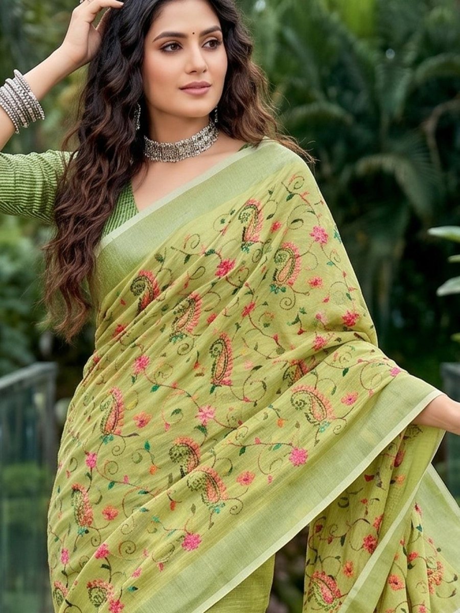 Yellow Linen Stripe N Floral Saree | EZB SI04 SRKSS1003 - EZBER