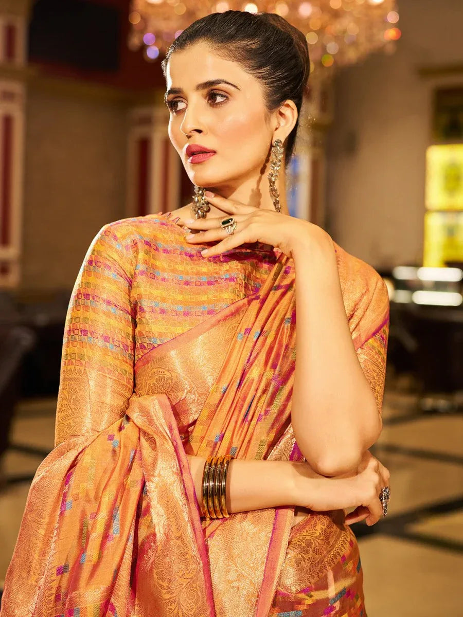 Yellow Organza Festive Wear Saree With Blouse Piece - EZBER