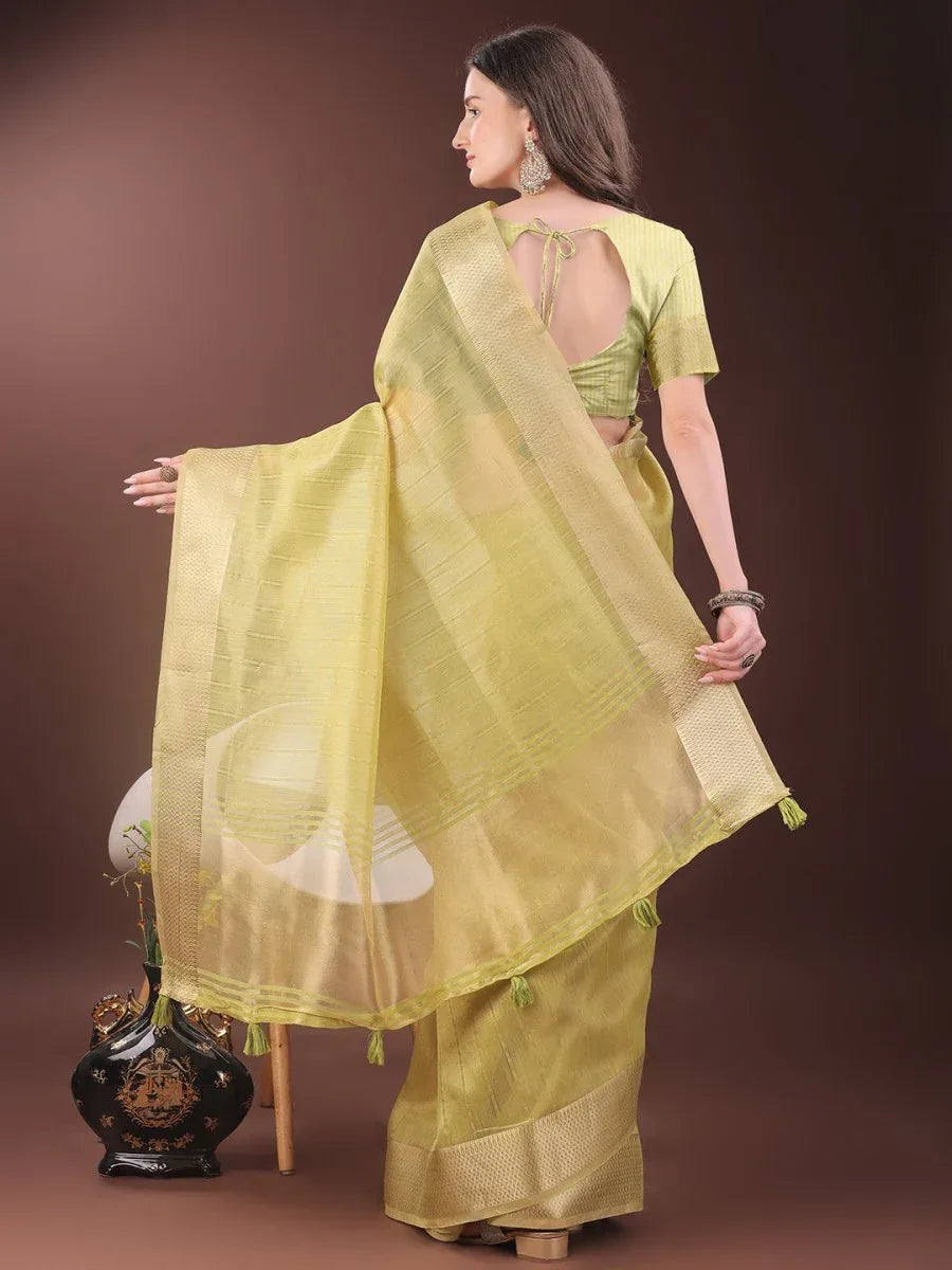 Yellow Organza Saree With Blouse Piece - EZBER